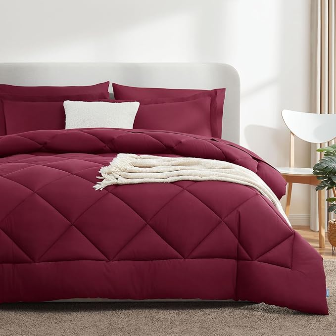 CozyLux King Size Comforter Set Burgundy - 7 Pieces Bed in a Bag King, Luxury Soft Bed Set for All Seasons, Bedding Set with Down Alternative Comforter, Sheets, Pillowcases & Shams