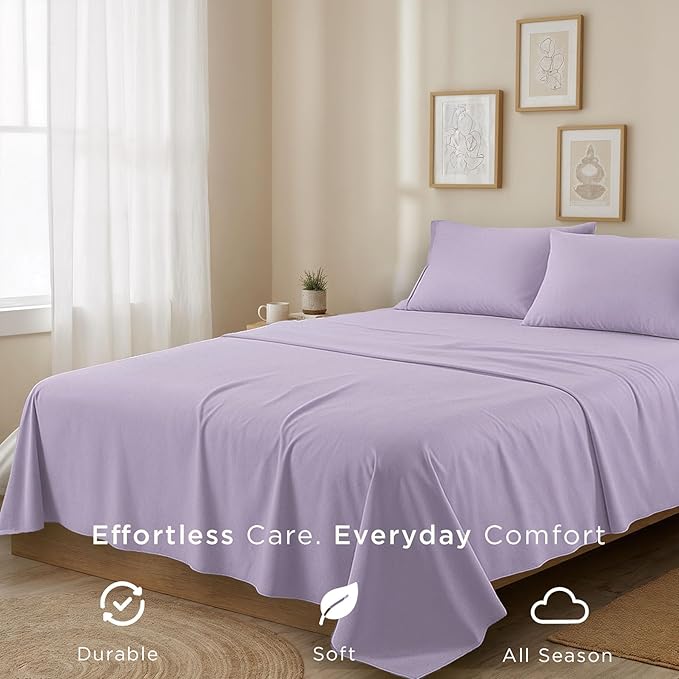 Threadmill Cotton Full Size Sheet Set| 100% Cotton Sheets for Full Size Bed | Solid Sateen Full Bed Sheets Set with 16” Elasticized Deep Pocket | Soft Breathable 4-Piece Cooling Sheet Set | Lilac