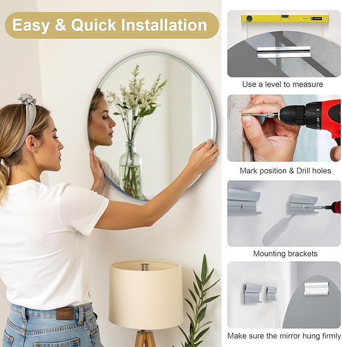 24" Frameless Beveled Round Mirror with 1" Edge for Bathroom, Entryways, Vanity Wall Decor