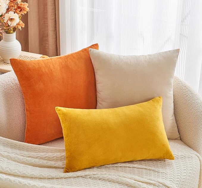 Throw Pillow Covers Burnt Orange Set of 2 12x20 Inch Fall Pillow Covers, Soft Velvet Farmhouse Neutral Lumbar Decorative Pillowcases for Couch Sofa Bed, Home Boho Decor, Modern Cushion Covers