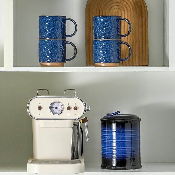 Nihow 16OZ Stackable Coffee Mug Set, Large Ceramic Coffee Mug Set of 4,Coffee Cup Set for Cappuccino/Latte/Cocoa,Dishwasher & Microwave Safe,Vivid Blue