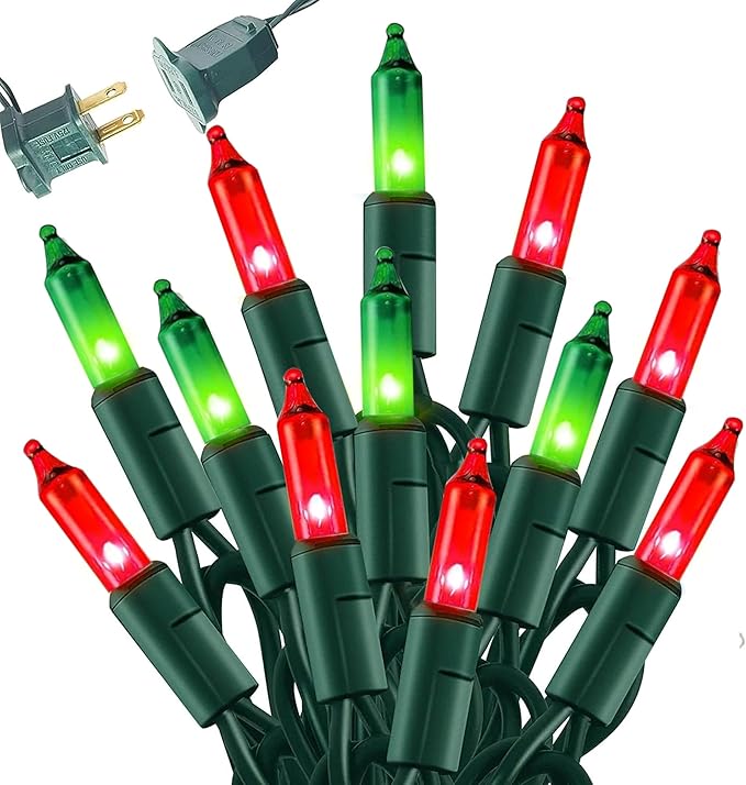 Dazzle Bright Red and Green Christmas Mini String Lights, 20FT 100 Count Incandescent Waterproof Fairy Lights Plug in, Connectable Christmas Decorations for Indoor Outdoor Home Party Garden Yard