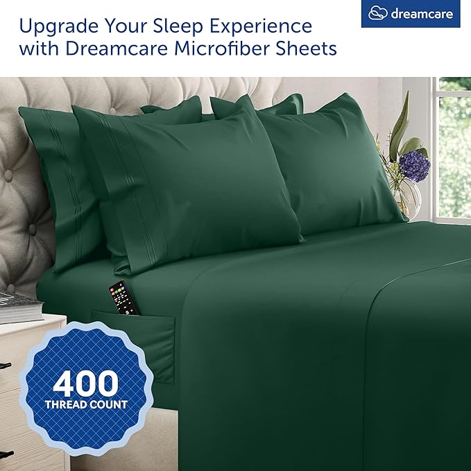 DREAMCARE Queen Sheet Set – 6 pcs Cooling Bed Sheets – up to 21” Deep Pocket Queen Sheets Set – 2500 Supreme Collection – Extra Soft 100% Brushed Microfiber Hotel Luxury with Side Pocket Emerald Green