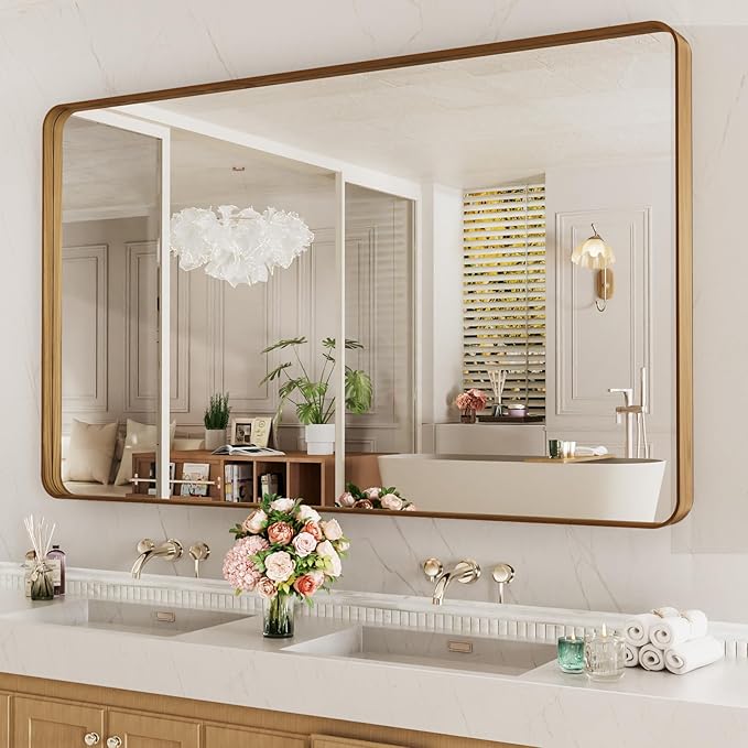 LOAAO 60X40 Inch Bathroom Mirror with Wood Grain Colored Metal Frame, Rounded Rectangle Metal Framed Bathroom Mirror, Anti-Rust, Hangs Horizontally or Vertically, Tempered Glass