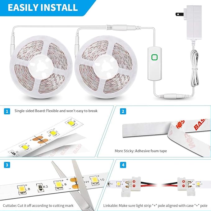 Led Strip Lights 32.8ft White Dimmable Led Light Strip Flexible Rope Lights Kits with 12v Etl Power Supply, Adhesive Clips, Dimmer Switch and Connectors for Indoor Decor