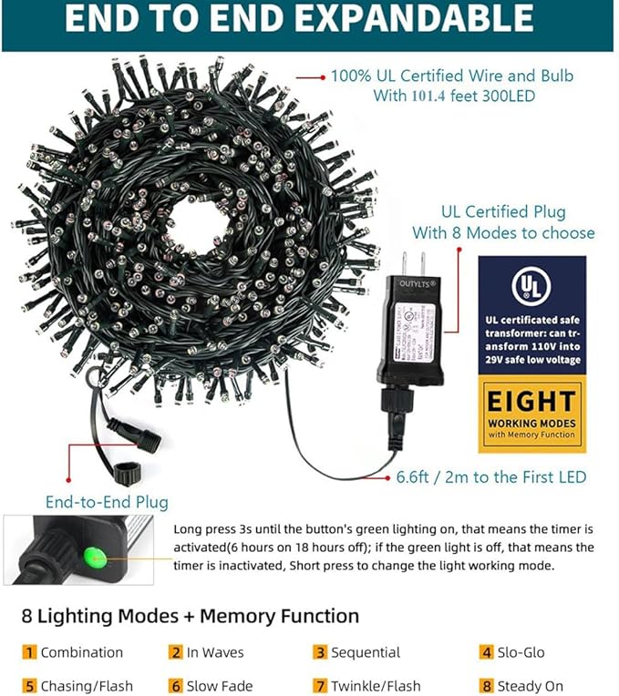 Christmas String Lights End-to-End Plug 8 Modes 108FT 300 LED IP55 Outdoor Waterproof UL Certificated Indoor Fairy Lights Garden Wedding Christma Trees Parties Decoration Multicolor