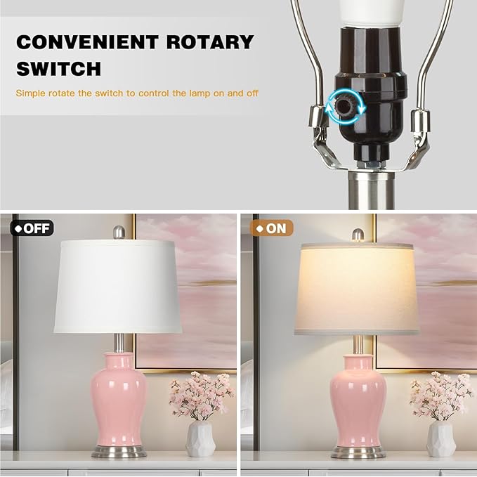 23" Pink Ceramic Table Lamps for Living Room, Modern Ceramic Lamps with Ginger Jar Design, Cute Bedside Lamp Set of 2, Elegant Bedroom Lamp for Nightstand Dining Room Side End Table Homedecor