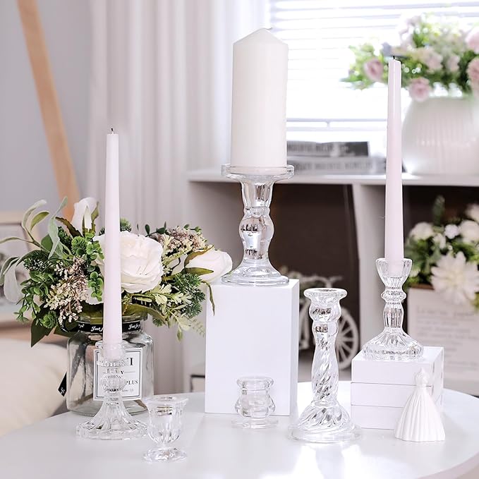 Mumufy 6 Pcs Glass Crystal Taper Candle Holders Clear Glass Candlestick Holder Fit 0.8 Inch Candles Crystal Decorative Candle Stand Centerpiece Table Wedding Dining Party (Simple,Clear)