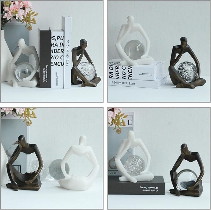 Lukitas Resin Thinker Statue - Holding Crystal Ball Sculpture, Modern Abstract Collectible Figurine for Home Office Bookshelf Decor, White Sand 7.5''