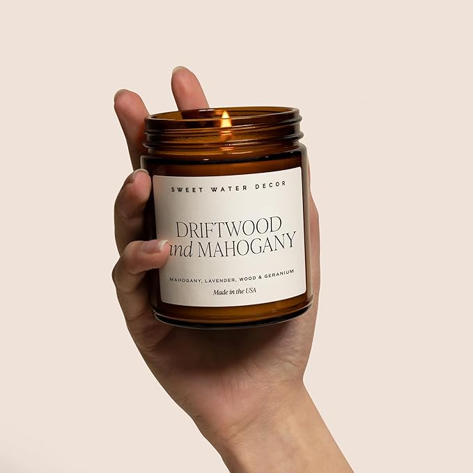 Sweet Water Decor Driftwood and Mahogany Soy Candle - Fresh Lavender, Geranium, Warm Mahogany, and Earthy Wood Scented Candles for Home - 9oz Amber Jar + Metal Lid, 40+ Hour Burn Time, Made in the USA