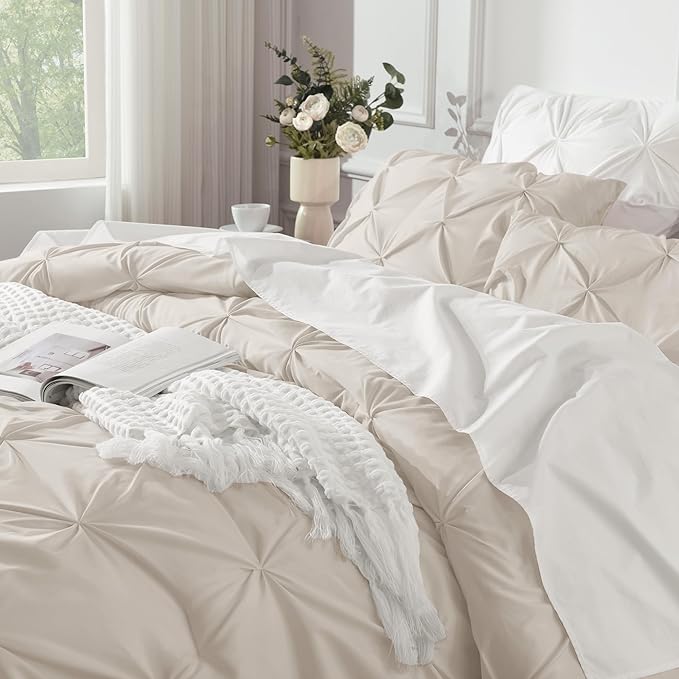 Andency Beige Comforter Set Full(79x90Inch), 3 Pieces Lightweight and Soft Comforter Set, All Season Microfiber Pinch Pleat Bedding