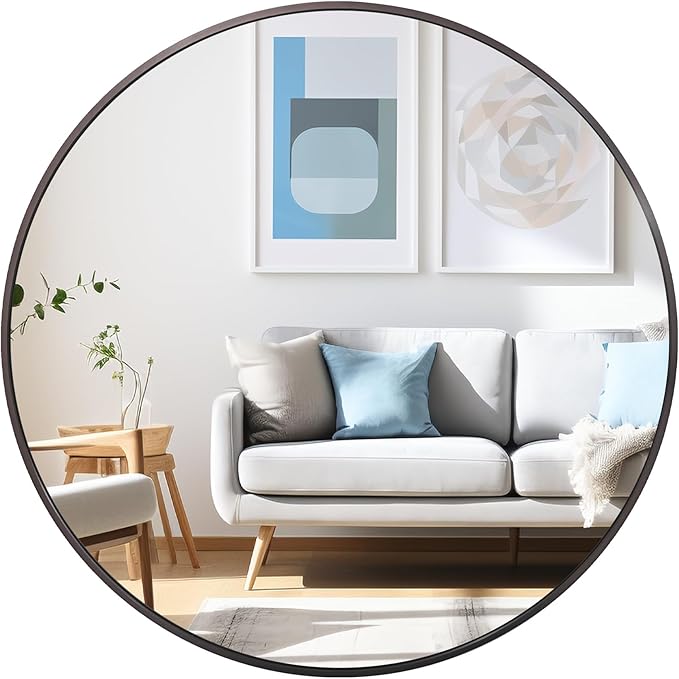 36 inch Dark Grey Circle Wall Mirror, Brushed Titanium Metal Framed Round Mirror for Bathroom Vanity, Bedroom Decor, Living Room, Entryway
