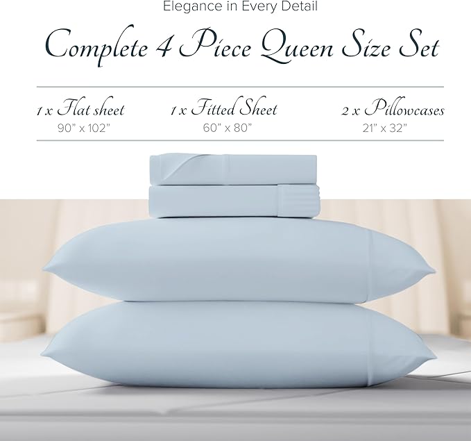 Carressa Linen 100% Egyptian Cotton Sheets Queen Size - 1500 Thread Count 4 PC Queen Sheet Set Egyptian Cotton, Sateen Luxury Sheets Queen Size, High Thread Count Sheets, 19" Deep Pocket - Light Blue