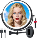 10'' 30X/1X Wall Mounted Lighted Makeup Mirror, 5000mAh Rechargeable Double-Sided Magnifying Mirror with Light, LED Vanity Mirror Touch Dimmable 3 Colors 360° Rotation Extended Foldable Arm, Black