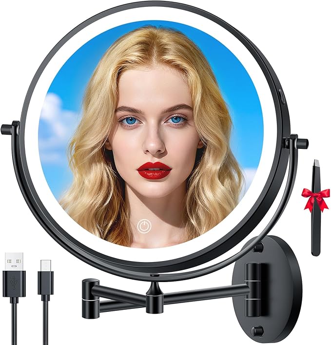 10'' 30X/1X Wall Mounted Lighted Makeup Mirror, 5000mAh Rechargeable Double-Sided Magnifying Mirror with Light, LED Vanity Mirror Touch Dimmable 3 Colors 360° Rotation Extended Foldable Arm, Black