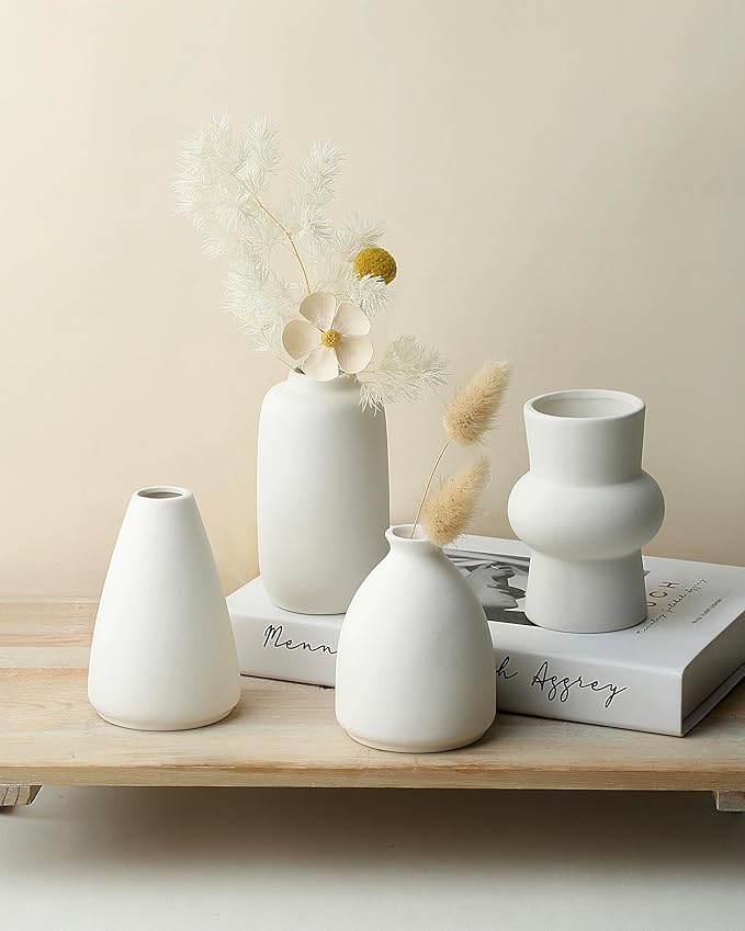 Set of 8 White Ceramic Bud Vases for Flowers, Pampas Grass Small Vases for Farmhouse Boho Decor, Decorative Vases for Centerpiece, Wedding Decoration, Home and Office, Room and Table Decor