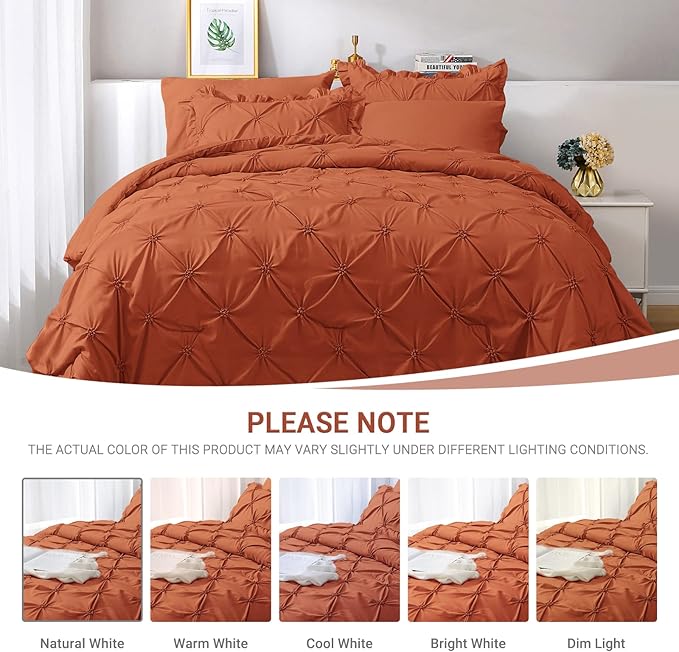 JOLLYVOGUE Burnt Orange Twin Size Comforter Sets 5 Pieces, Pintuck Bed in a Bag Comforter Set for Bedroom, Bedding Comforter Sets with Comforter, Sheets,Ruffled Shams & Pillowcases