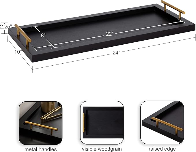 Kate and Laurel Halsey Narrow Rectangle Decorative Wooden Tray with Polished Metal Handles; 24 x 10; Black and Gold; Modern Glam Wood Rectangular Serving Tray for Display or Decoration