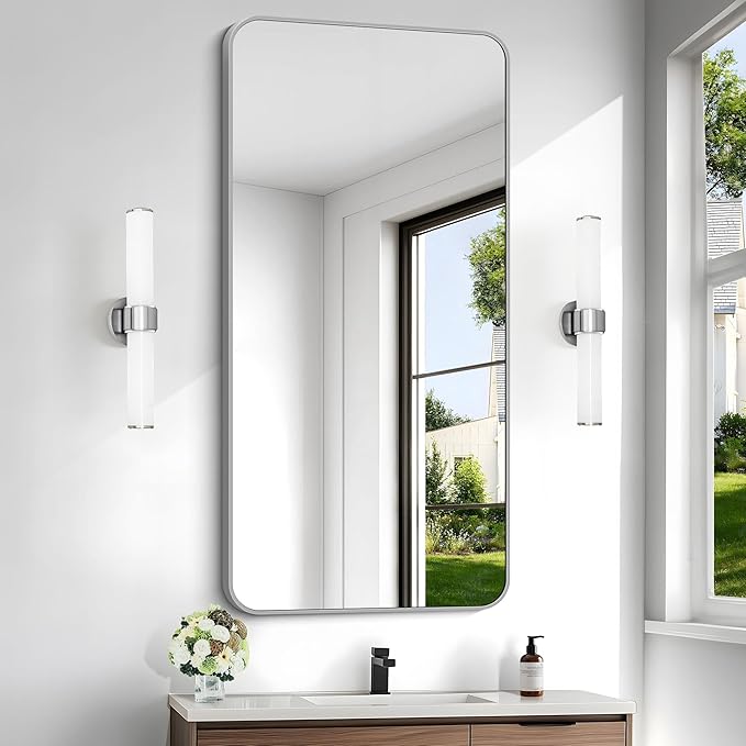 48x24 Inch Silver Bathroom Mirror, Metal Framed Silver Rectangle Mirror, Rounded Rectangular Vanity Mirror, Wall Mounted Mirrors for Living Room Bedroom Entryway Hangs Horizontal or Vertical