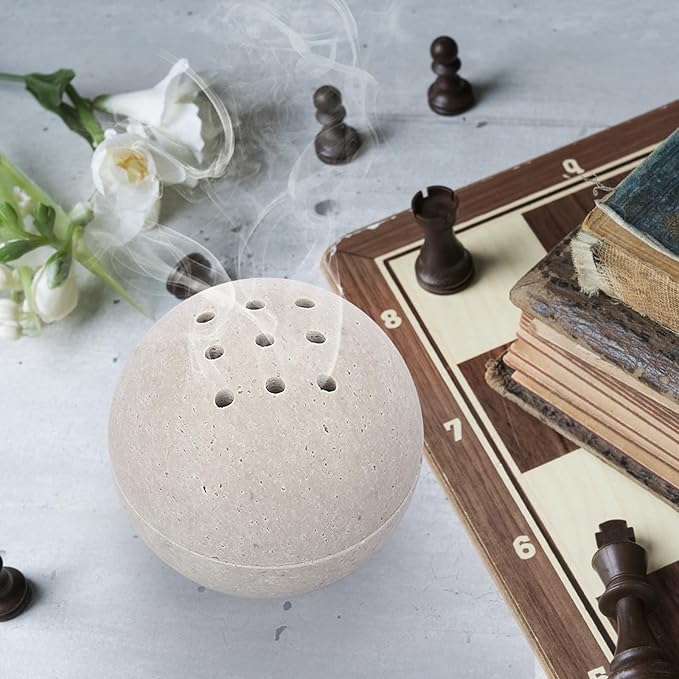 ELLDOO Natural Travertine Incense Holder, Home Decor Handmade Ball Shape Incense Cone Burner for Yoga Meditation SPA Reading, Gray