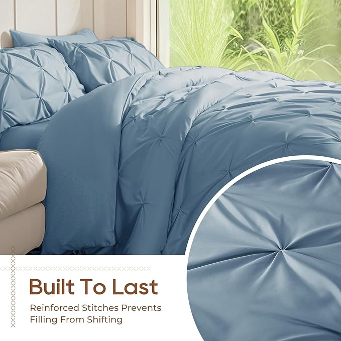 Sasttie King Size Comforter Set, 7-Piece Bed in a Bag, Pintuck Bedding Set for All Season, Includes Comforter, Flat Sheet, Fitted Sheet, Pillowcases and Pillowshams, Slate Blue