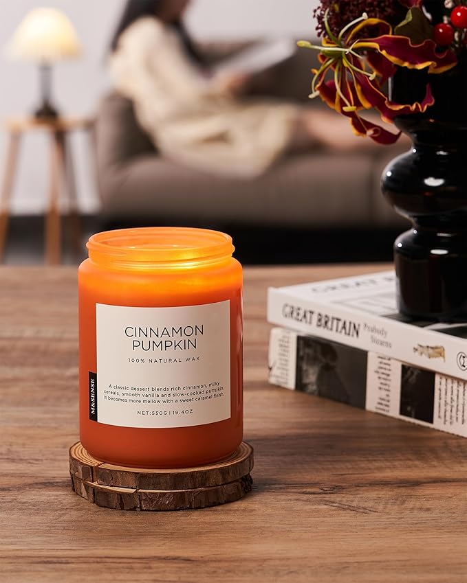 M&SENSE Cinnamon Pumpkin Fall Scented Candles, 19.4oz Soy Natural Candles 110 Hours Long Lasting Slow Burning Halloween Autumn Candle Gifts for Home Decor
