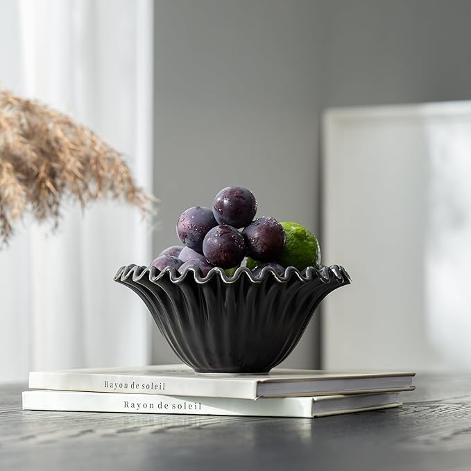 Decorative Bowl, HandCrafted Ruffle Flower Bowl Porcelain Vintage Ring Dish Floral Bowl for Home Decor Ruffle Centerpiece Bowl, Black (5.5 inch) Halloween