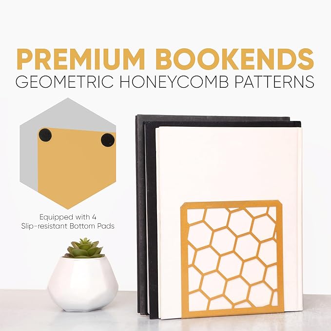 GEOMOD Geometric Honeycomb Gold Metal Bookends Decorative - Tall Sturdy Book Ends for Shelves - Modern Heavy Duty Bookend Stopper - Office or Home Book Shelf Book Holder - 6x3.25x6.25 Inches - 1 Pair