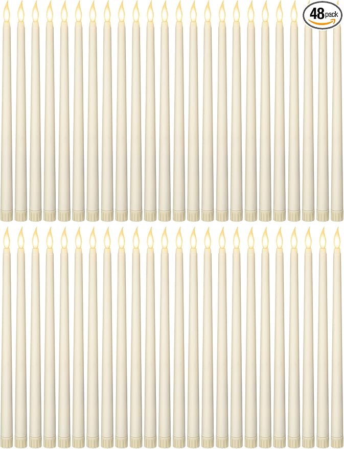 Funtery 48 Pcs Flameless LED Taper Candles 11 Inch Battery Operated Candles Bulk LED Candlesticks Fake Candle Flickering Flames for Christmas Church Wedding Party (Ivory, Classic)
