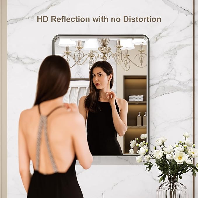 LOAAO 20x16 Inch Brushed Nickel Bathroom Mirror, Rounded Rectangle Silver Metal Frame Mirror, Brushed Nickel, Anti-Rust, Shatter Proof, Hangs Horizontally or Vertically