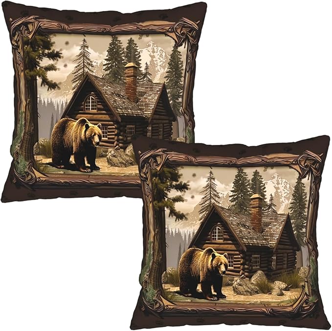 Cabin Pillow Covers 18x18 - Rustic Bear Deer Throw Pillow Covers Set of 2 Wildlife Woodland Pillowcases for Couch Sofa