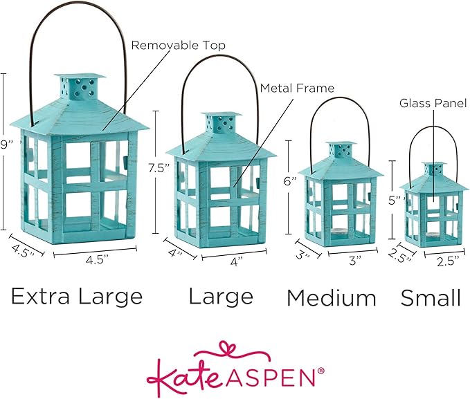 Kate Aspen, Distressed Metal Vintage Decorative Mini Lantern, Centerpiece, Party Favor, 2.5 x 2.5 x 6.5, Blue