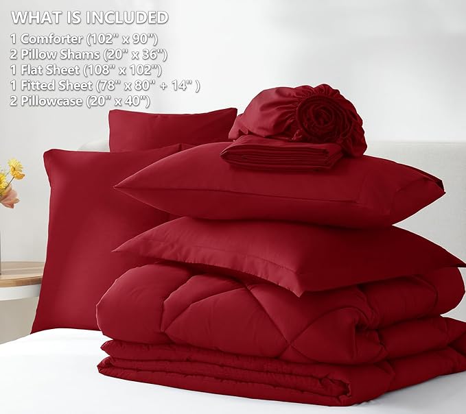 CozyLux King Size Comforter Set Dark Red - 7 Pieces Bed in a Bag King, Luxury Soft Bed Set for All Seasons, Bedding Set with Down Alternative Comforter, Sheets, Pillowcases & Shams