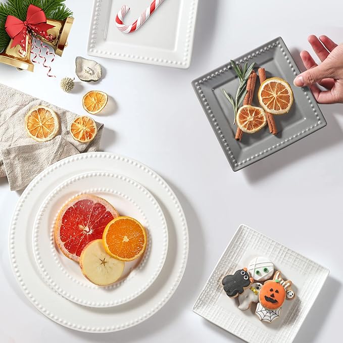 Dinner Plates Set of 4, 10.5 inch White Ceramic Plates, Embossed Salad Plates, Serving Plates for Steak Appetizer, Reusable Kitchen Dining Plates for Restaurant, Dishwasher Microwave Safe