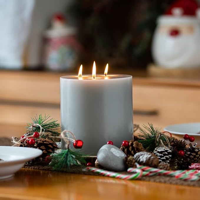 MOZEAL Extra Large 3 Wick Gray Pillar Candle, 6" x 6", Unscented, Dripless, Smokeless, and Clean-Burning. Approx. 120 Hours of Burn Time. Perfect for Weddings, Dinners, Christmas and Home Decor