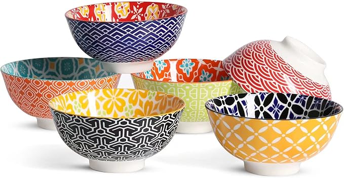 Dessert Bowls, Small Colorful Bowls 10 Oz, Ceramic Bowl Set for Ice Cream, Decorative Bowls for Snack Soup Condiments, Side Dishes, Set of 6
