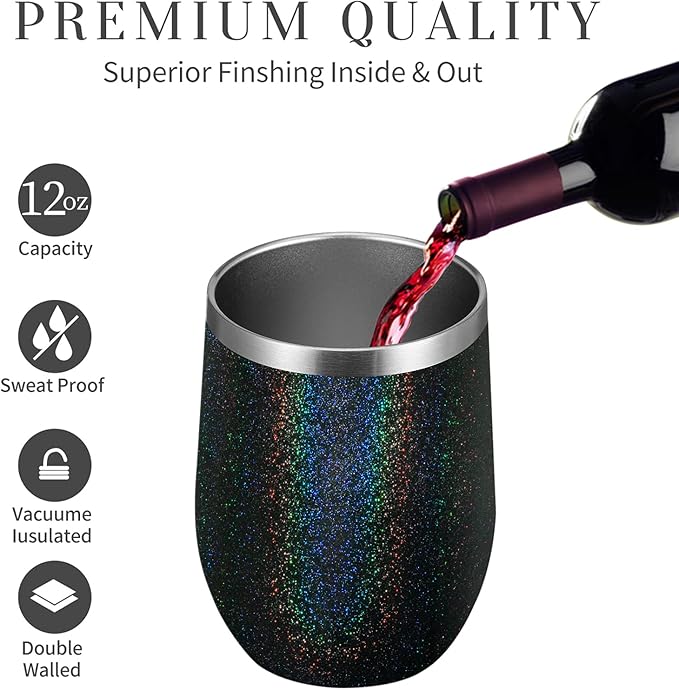 MEWAY 12oz/4 Pack Wine Tumbler Glasses with Lid - Stemless Double Wall Vacuum Stainless Steel Glitter Tumbler - Keeping Cold & Hot Cup for Coffee,Gift for Women(Rainbow Black,Set of 4)