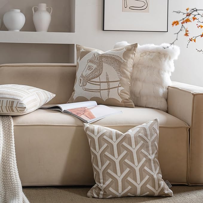 Premium Throw Pillow Covers 22x22 Inches - Oatmeal Ethereal Arbor Chenille Jacquard Embroidery Decorative Couch Pillow Covers for Living Room Bedroom Sofa Home Décor
