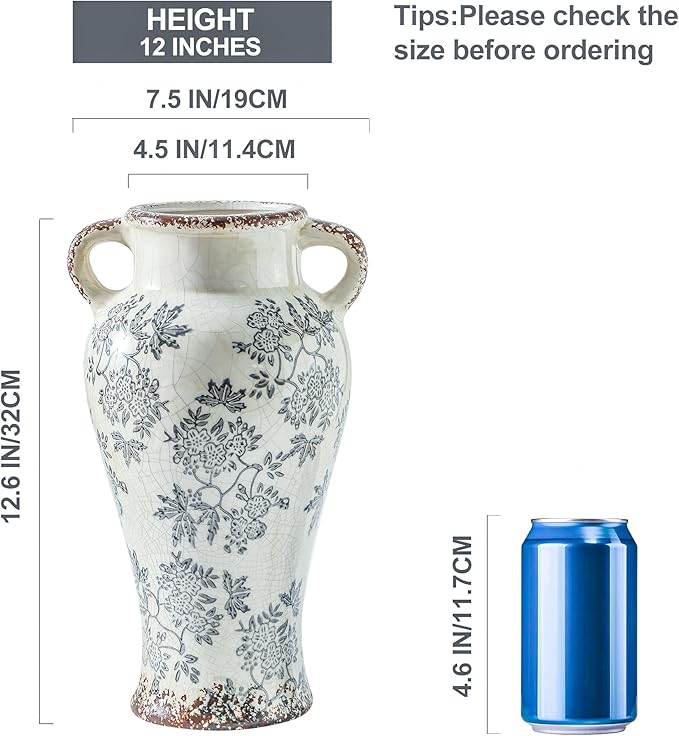 Enra Vintage vase with Handle,12.6 inch Blue and White Ceramic Decorative Flower vase, Chinoiserie Floral Vase,Large Rustic Vases for Home Decors, Living Room, Bookshelf, Office