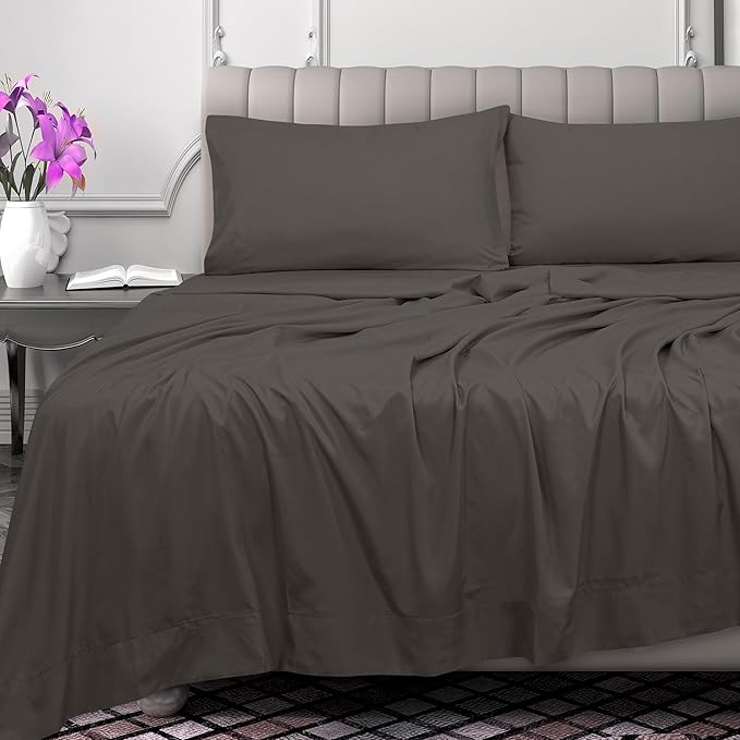Royale Linens 300 Thread Count 100% Long Staple Combed Cotton Flat Sheet - Super Soft - Top Sheets - Queen Flat Sheet Sold Separately - Breathable, Cool & Crisp Percale Sheets Only (Queen, Grey)