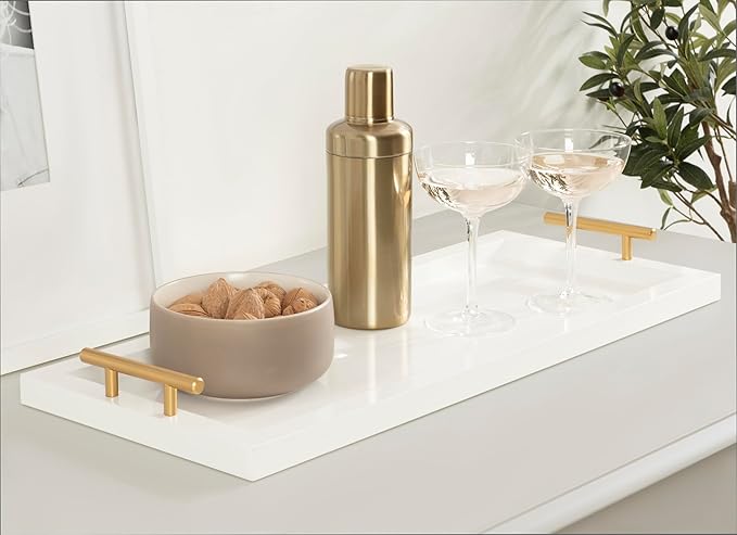 Kate and Laurel Halsey Rectangle Decorative Narrow Tray with Gold Metal Handles, 24 x 10, Green and Gold, Modern Glam Slim Serving Tray with Handles for Living Room Décor
