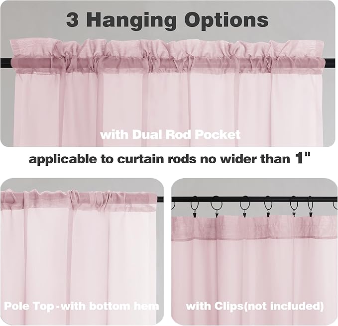 Chyhomenyc Sheer Curtains 72 Inch Length 2 Panels, Light Filtering Top Dual Rod Pocket Voile Window Curtain Drapes for French Door, Bedroom Living and Children Room, Each 42W x 72L, 2PCS, Blush Pink