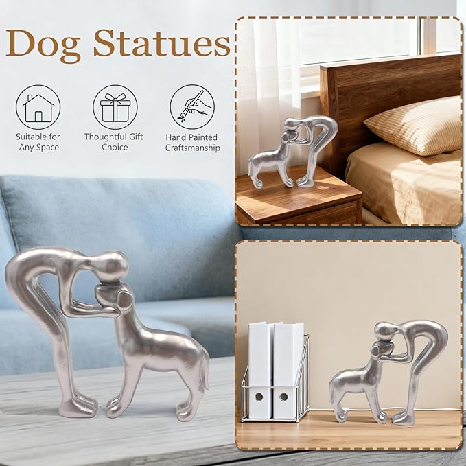 Dog Statues Home Decor Funny Man and Dog Sculpture Decorations for Home Bedroom Living Room Tabletop Bookshelf, Hand-Painted Resin Dogs Memorial Gifts Figurines for Pet Lovers, Silver