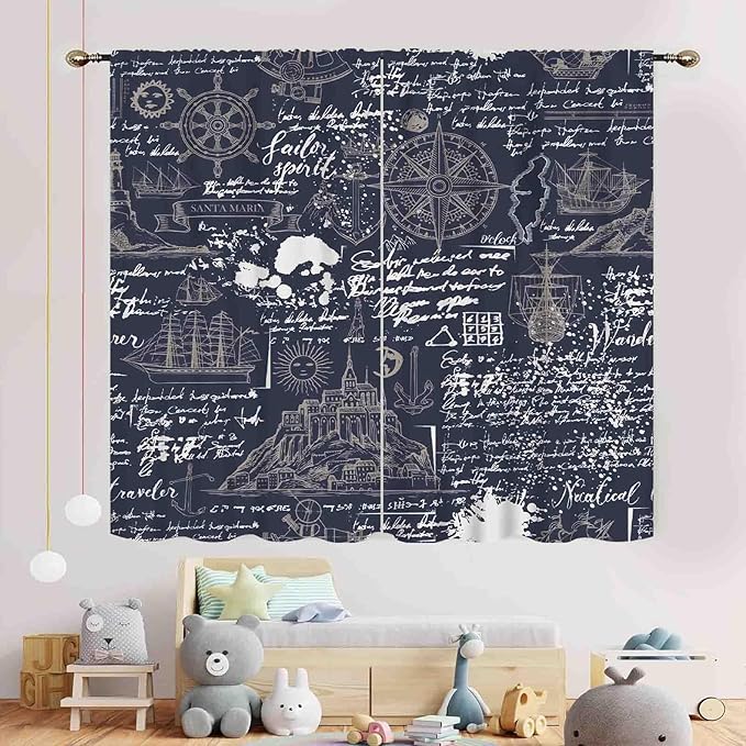 Vintage Nautical Curtains, Marine Coastal Sailboat Compass Anchor Ocean Beach Old Pirate Map Navy Blue Blackout Retro Drapes for Bedroom Living Room Kitchen Bathroom Window 2 Panels, 42"x63" Inch