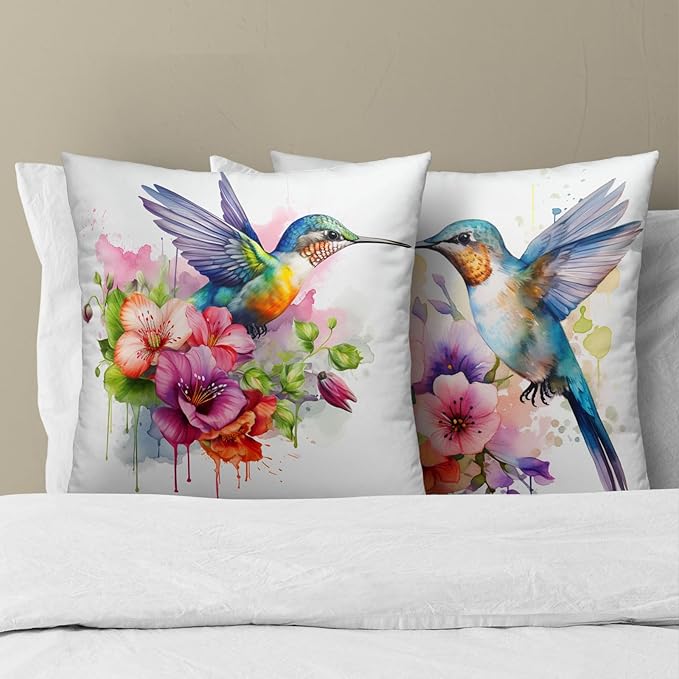 Watercolor Floral Hummingbird Pillow Cover - Colorful Bird Throw Pillow Covers Set of 2 Animal Cushion Covers 20x20 Willife Pillow Cases for Home Couch Sofa Outdoor