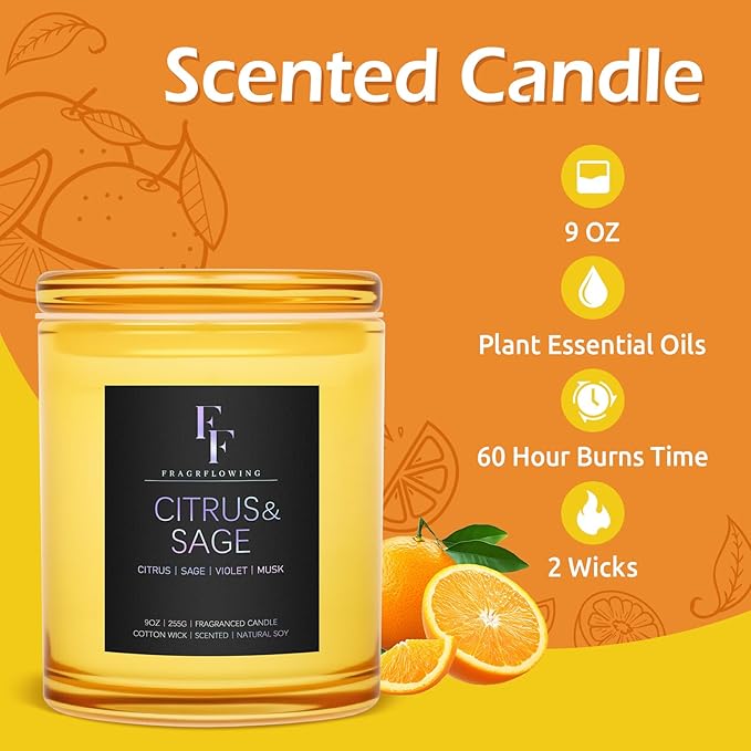 Citrus & Sage Scented Candle, 2-Wick Luxury Soy Wax Candle, 9 oz Aromatherapy Candle Home Fragrance Candles Gift