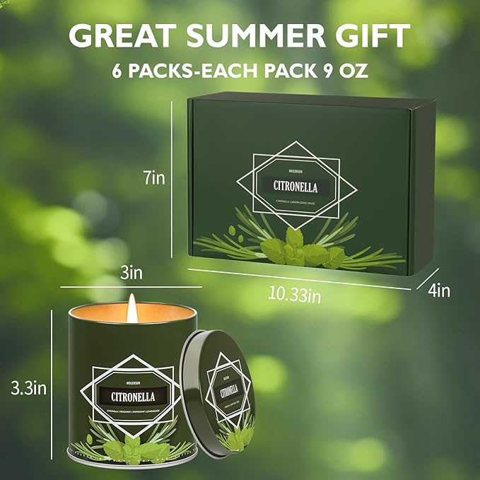 Citronella Candles Outdoor 6-Pack, Total 54oz Citronella Candles for Outside Patio, Camping & Garden, Summer Gifts for Indoor Home Scented, 50-Hour Burn Time, 9 Ounce Each