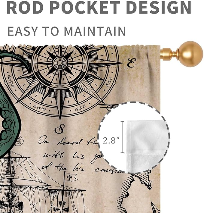 Nautical Octopus Curtains, Coastal Old Pirate Map Sailboat Compass Vintage Magic Ocean Kraken Octopus Tentacles Window Drapery Treatment for Bedroom Living Room Kitchen Bathroom 2 Panels, 84"x84" Inch