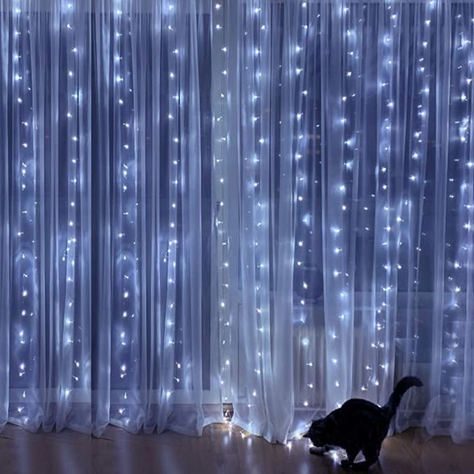 HOME LIGHTING Window Curtain String Lights, 300 LED 8 Lighting Modes Fairy Copper Light with Remote, USB Powered Waterproof for Christmas Bedroom Party Wedding Home Garden Wall Decorations, Cool White