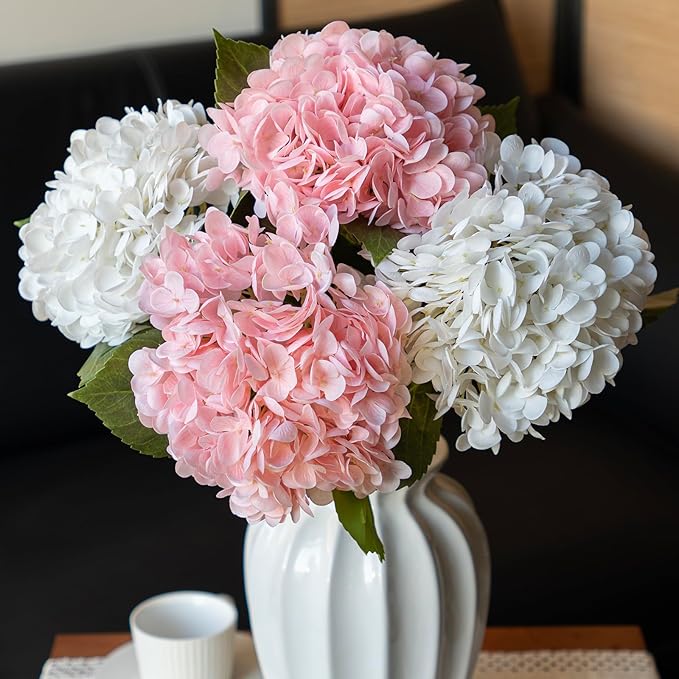 4Pcs 22 inch Lifelike Artificial Hydrangea, 2 Pink & 2 White Large Real Touch Flowers Artificial Flowers Dry Flowers Outdoor Wedding Christmas Office Family Party Living Room Table Deco